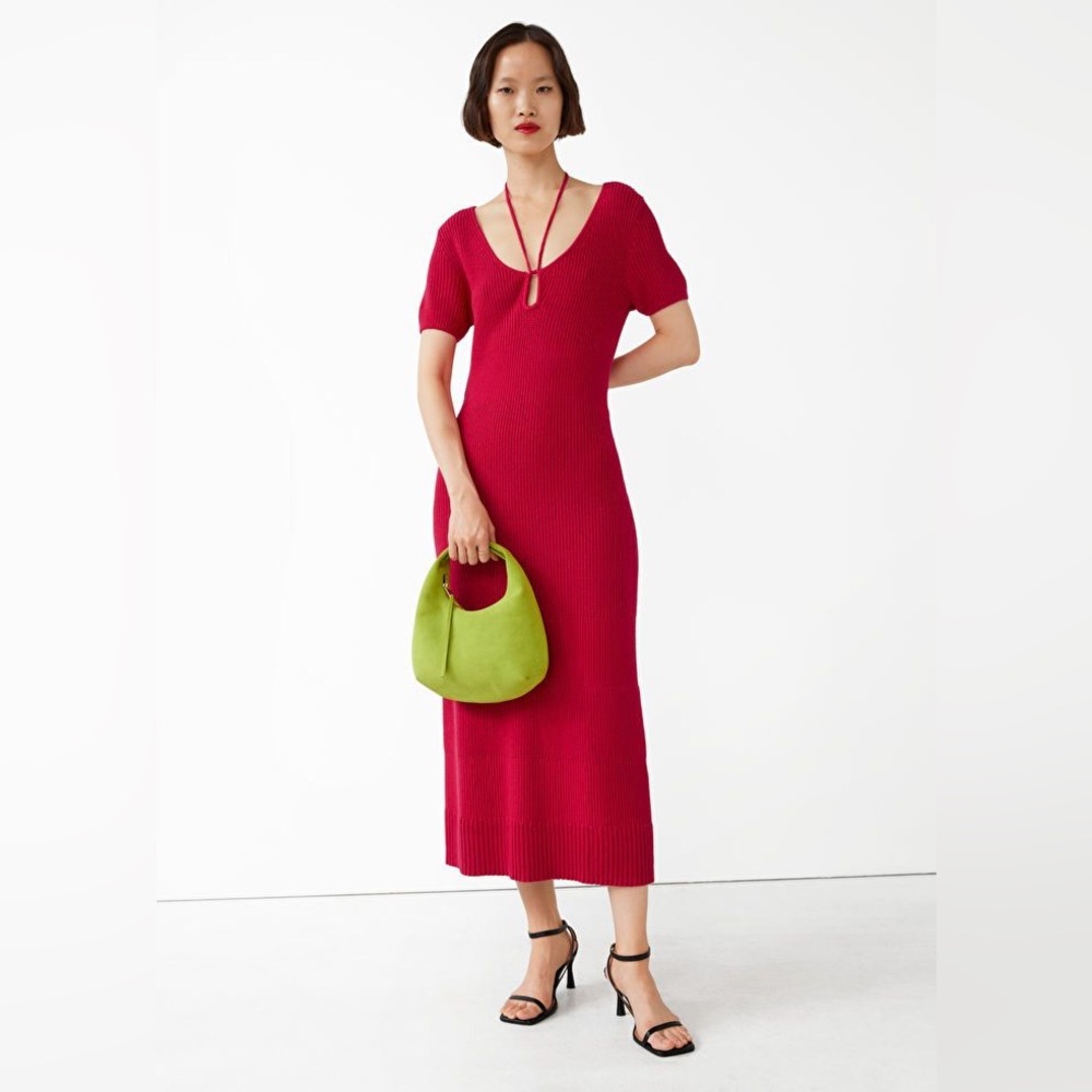 & Other Stories Red Scoop Neck Midi Knit Dress Size Small
